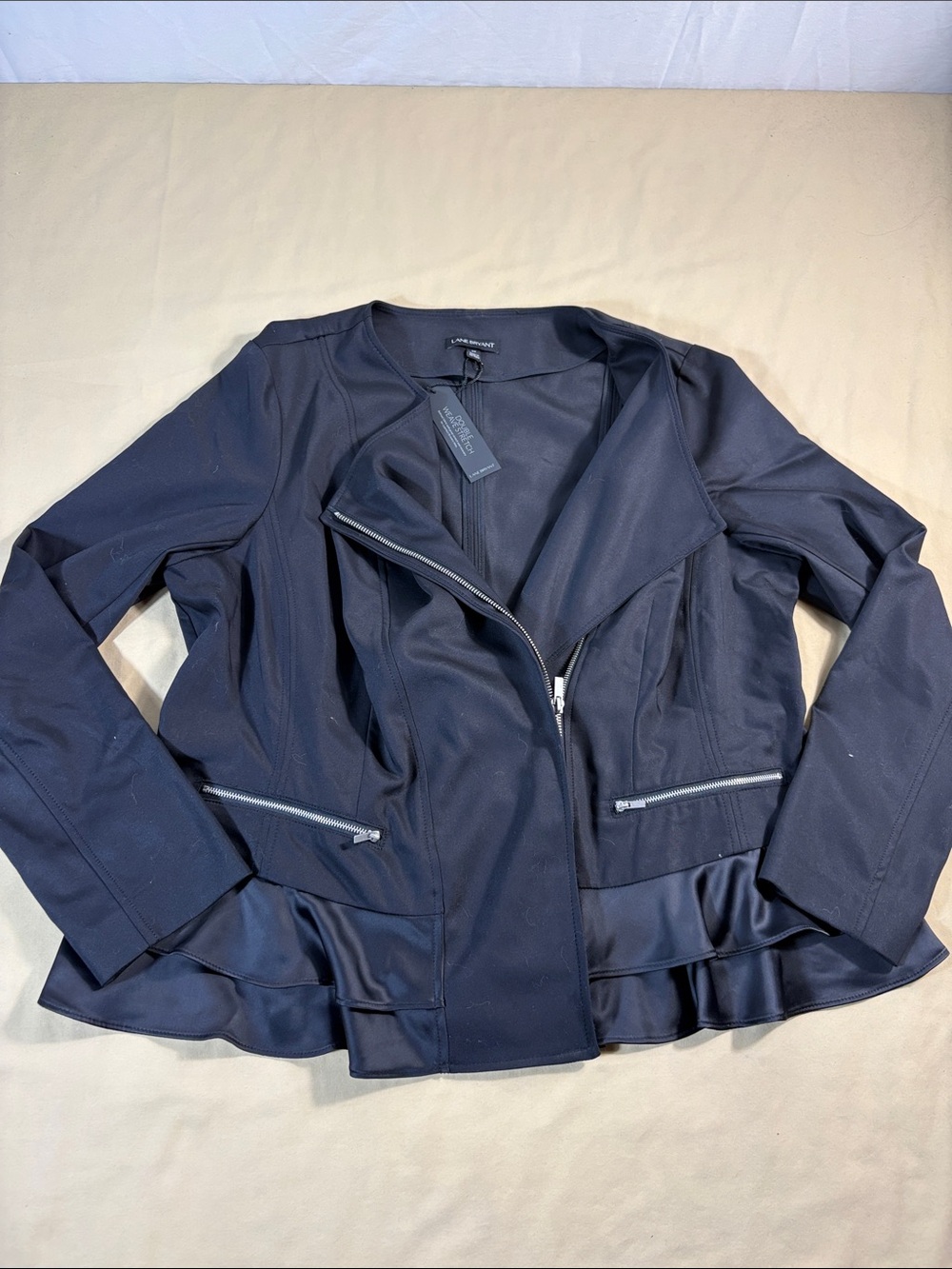 Lane Bryant 20 Black Double Weave Stretch Moto Peplum Jacket Blazer Coat NWT